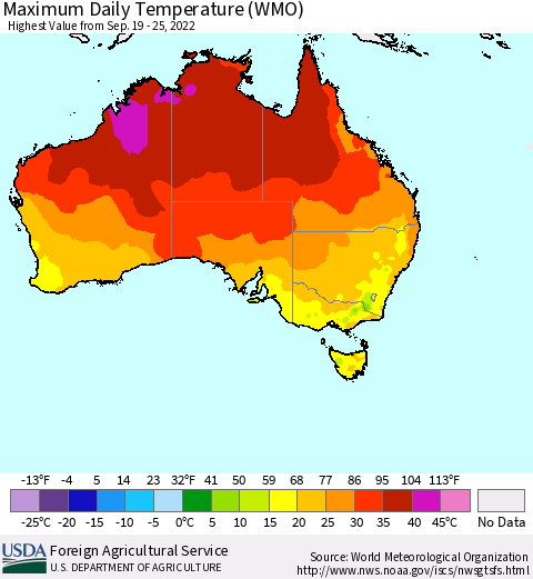 Australia Maximum Daily Temperature (WMO) Thematic Map For 9/19/2022 - 9/25/2022
