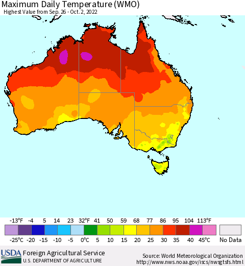 Australia Maximum Daily Temperature (WMO) Thematic Map For 9/26/2022 - 10/2/2022
