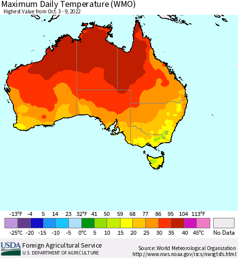 Australia Maximum Daily Temperature (WMO) Thematic Map For 10/3/2022 - 10/9/2022