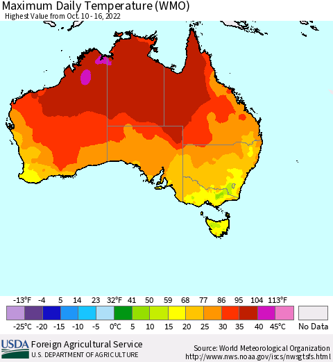 Australia Maximum Daily Temperature (WMO) Thematic Map For 10/10/2022 - 10/16/2022