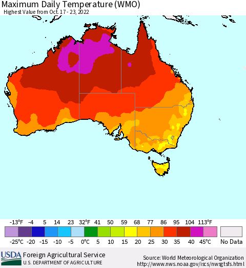 Australia Maximum Daily Temperature (WMO) Thematic Map For 10/17/2022 - 10/23/2022