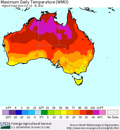 Australia Maximum Daily Temperature (WMO) Thematic Map For 10/24/2022 - 10/30/2022