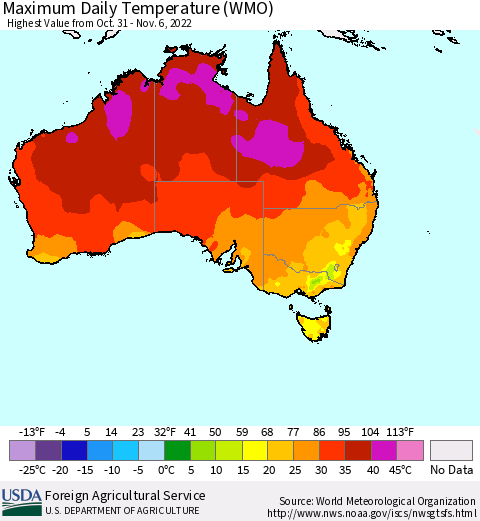 Australia Maximum Daily Temperature (WMO) Thematic Map For 10/31/2022 - 11/6/2022