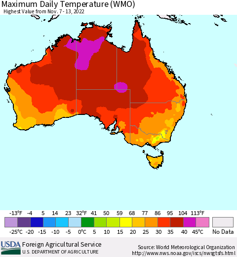 Australia Maximum Daily Temperature (WMO) Thematic Map For 11/7/2022 - 11/13/2022