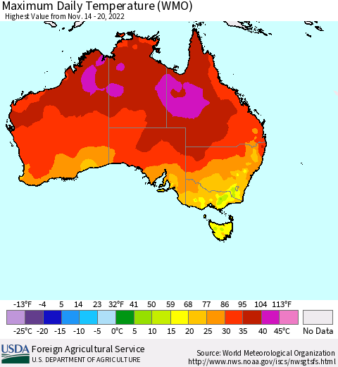 Australia Maximum Daily Temperature (WMO) Thematic Map For 11/14/2022 - 11/20/2022