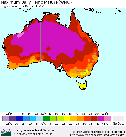 Australia Maximum Daily Temperature (WMO) Thematic Map For 12/5/2022 - 12/11/2022