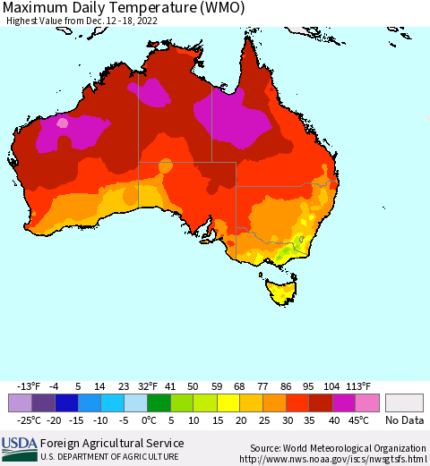 Australia Maximum Daily Temperature (WMO) Thematic Map For 12/12/2022 - 12/18/2022