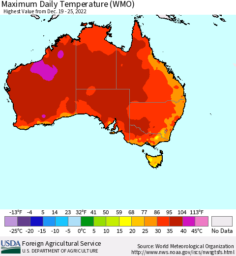 Australia Maximum Daily Temperature (WMO) Thematic Map For 12/19/2022 - 12/25/2022
