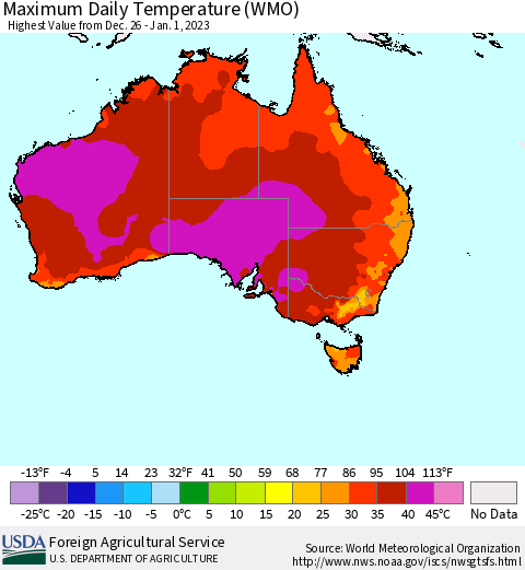 Australia Maximum Daily Temperature (WMO) Thematic Map For 12/26/2022 - 1/1/2023