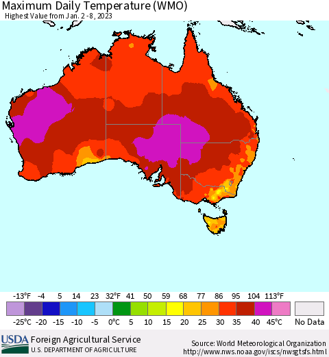 Australia Maximum Daily Temperature (WMO) Thematic Map For 1/2/2023 - 1/8/2023