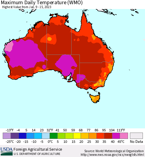 Australia Maximum Daily Temperature (WMO) Thematic Map For 1/9/2023 - 1/15/2023
