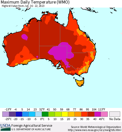 Australia Maximum Daily Temperature (WMO) Thematic Map For 1/16/2023 - 1/22/2023