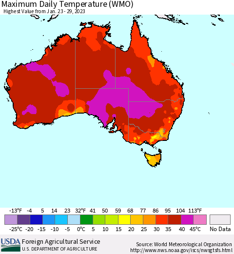 Australia Maximum Daily Temperature (WMO) Thematic Map For 1/23/2023 - 1/29/2023