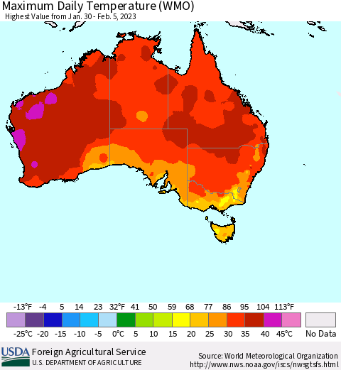Australia Maximum Daily Temperature (WMO) Thematic Map For 1/30/2023 - 2/5/2023