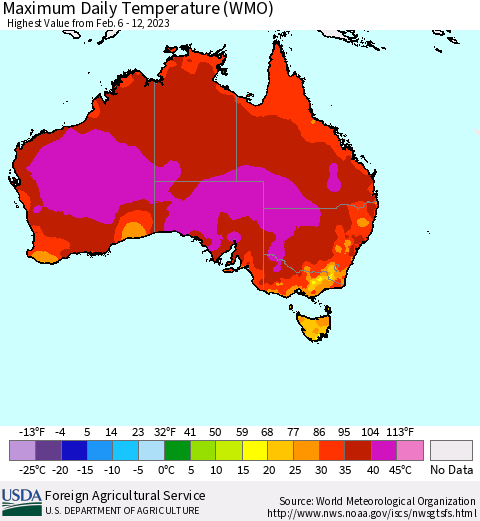 Australia Maximum Daily Temperature (WMO) Thematic Map For 2/6/2023 - 2/12/2023