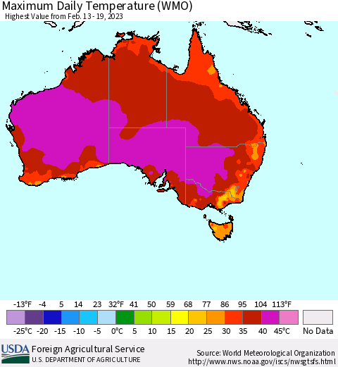 Australia Maximum Daily Temperature (WMO) Thematic Map For 2/13/2023 - 2/19/2023