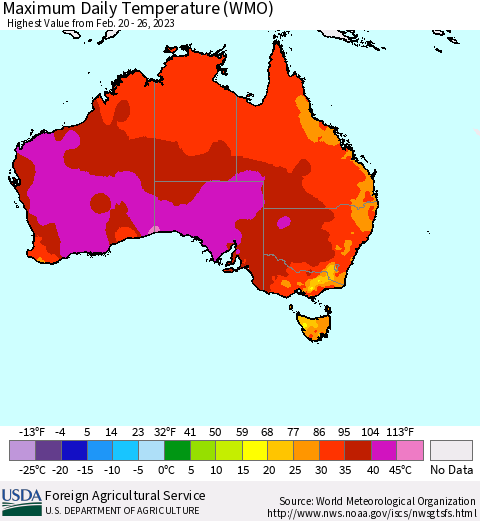 Australia Maximum Daily Temperature (WMO) Thematic Map For 2/20/2023 - 2/26/2023