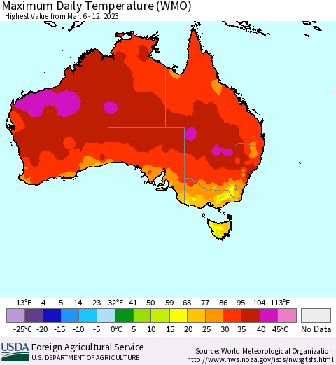 Australia Maximum Daily Temperature (WMO) Thematic Map For 3/6/2023 - 3/12/2023