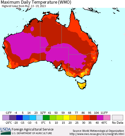Australia Maximum Daily Temperature (WMO) Thematic Map For 3/13/2023 - 3/19/2023