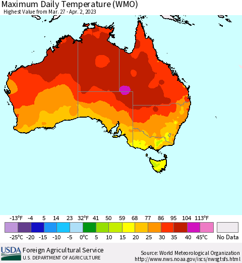 Australia Maximum Daily Temperature (WMO) Thematic Map For 3/27/2023 - 4/2/2023