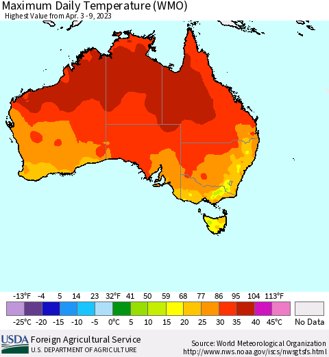 Australia Maximum Daily Temperature (WMO) Thematic Map For 4/3/2023 - 4/9/2023