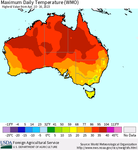 Australia Maximum Daily Temperature (WMO) Thematic Map For 4/10/2023 - 4/16/2023