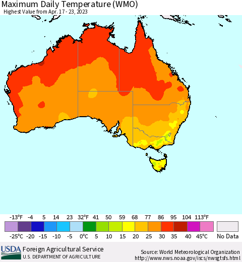 Australia Maximum Daily Temperature (WMO) Thematic Map For 4/17/2023 - 4/23/2023