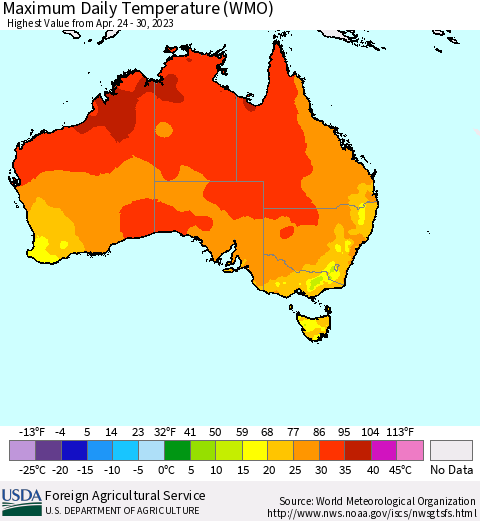 Australia Maximum Daily Temperature (WMO) Thematic Map For 4/24/2023 - 4/30/2023