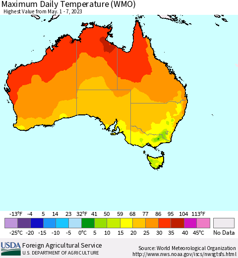 Australia Maximum Daily Temperature (WMO) Thematic Map For 5/1/2023 - 5/7/2023