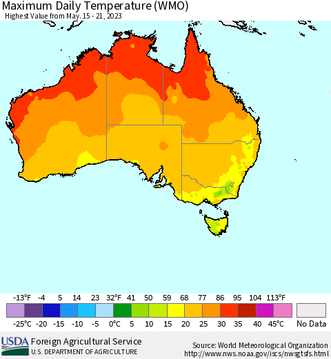 Australia Maximum Daily Temperature (WMO) Thematic Map For 5/15/2023 - 5/21/2023