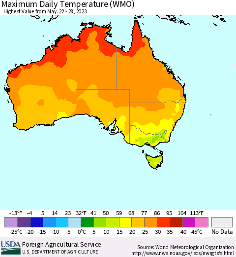 Australia Maximum Daily Temperature (WMO) Thematic Map For 5/22/2023 - 5/28/2023