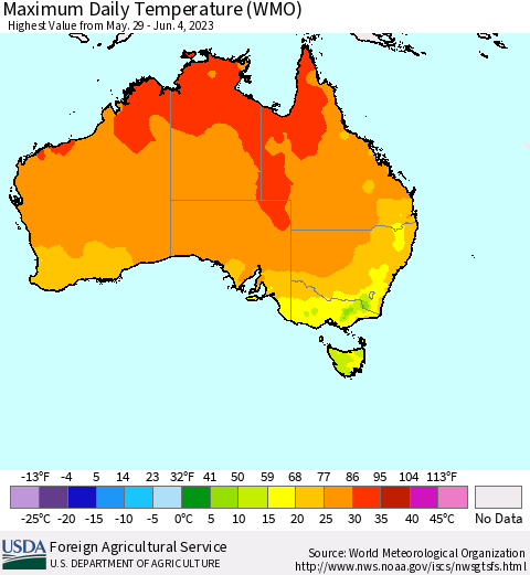 Australia Maximum Daily Temperature (WMO) Thematic Map For 5/29/2023 - 6/4/2023