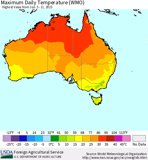 Australia Maximum Daily Temperature (WMO) Thematic Map For 6/5/2023 - 6/11/2023