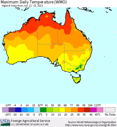 Australia Maximum Daily Temperature (WMO) Thematic Map For 6/12/2023 - 6/18/2023