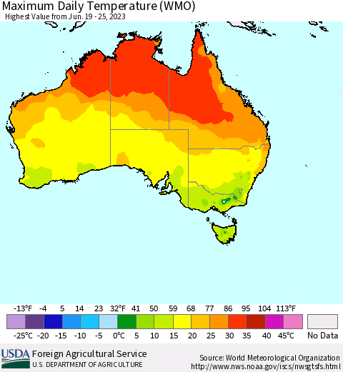 Australia Maximum Daily Temperature (WMO) Thematic Map For 6/19/2023 - 6/25/2023