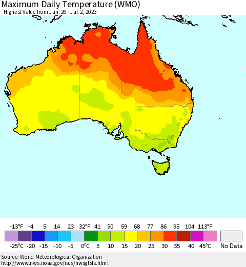 Australia Maximum Daily Temperature (WMO) Thematic Map For 6/26/2023 - 7/2/2023