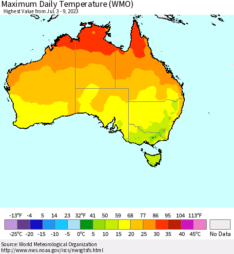 Australia Maximum Daily Temperature (WMO) Thematic Map For 7/3/2023 - 7/9/2023