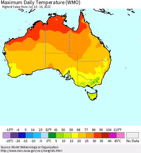 Australia Maximum Daily Temperature (WMO) Thematic Map For 7/10/2023 - 7/16/2023