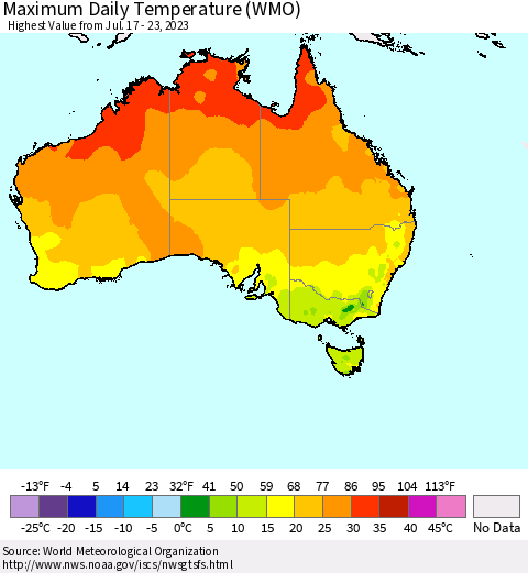 Australia Maximum Daily Temperature (WMO) Thematic Map For 7/17/2023 - 7/23/2023