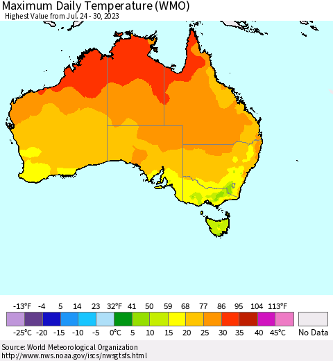 Australia Maximum Daily Temperature (WMO) Thematic Map For 7/24/2023 - 7/30/2023