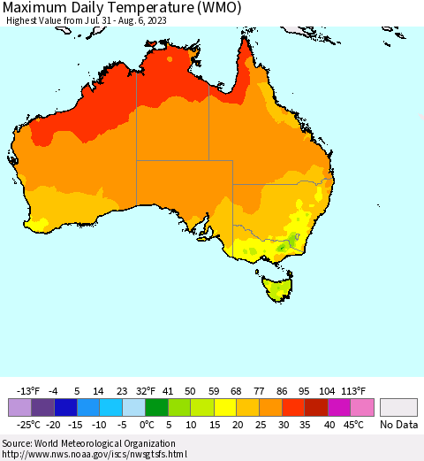 Australia Maximum Daily Temperature (WMO) Thematic Map For 7/31/2023 - 8/6/2023