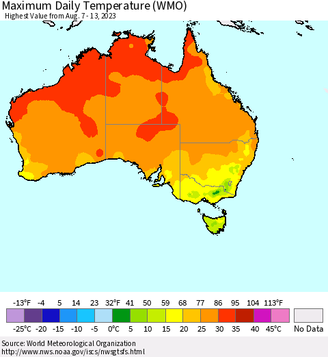 Australia Maximum Daily Temperature (WMO) Thematic Map For 8/7/2023 - 8/13/2023