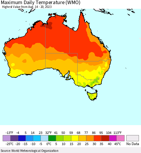 Australia Maximum Daily Temperature (WMO) Thematic Map For 8/14/2023 - 8/20/2023