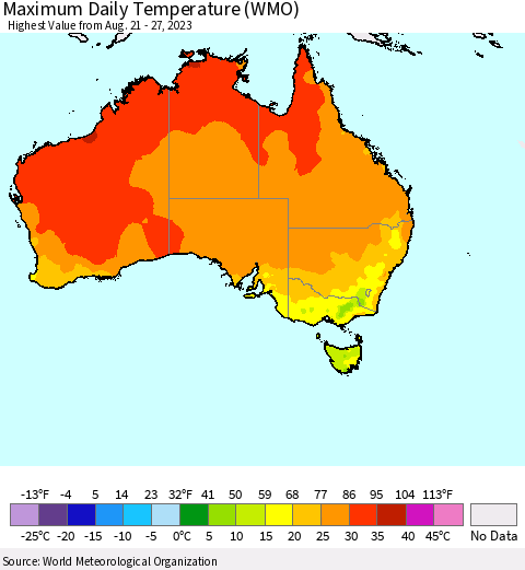 Australia Maximum Daily Temperature (WMO) Thematic Map For 8/21/2023 - 8/27/2023