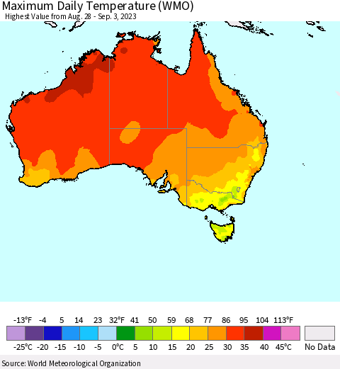 Australia Maximum Daily Temperature (WMO) Thematic Map For 8/28/2023 - 9/3/2023