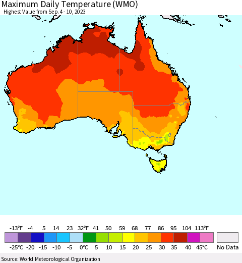 Australia Maximum Daily Temperature (WMO) Thematic Map For 9/4/2023 - 9/10/2023