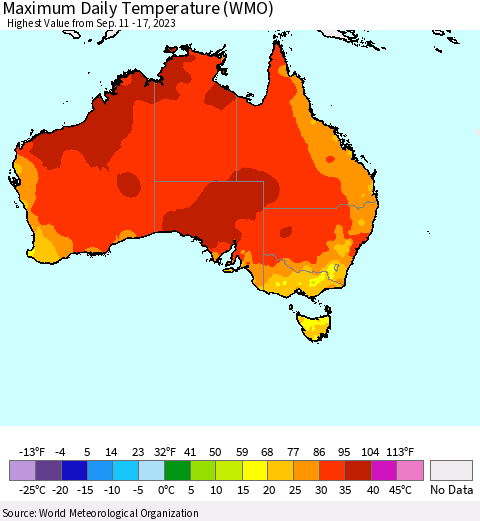 Australia Maximum Daily Temperature (WMO) Thematic Map For 9/11/2023 - 9/17/2023