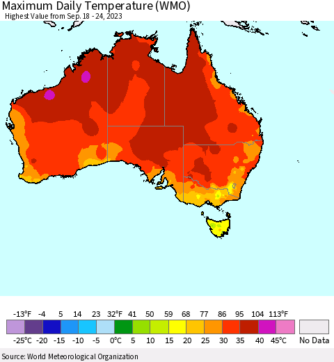 Australia Maximum Daily Temperature (WMO) Thematic Map For 9/18/2023 - 9/24/2023