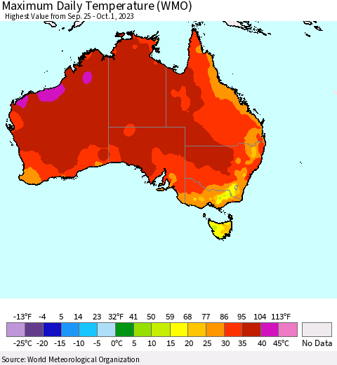 Australia Maximum Daily Temperature (WMO) Thematic Map For 9/25/2023 - 10/1/2023