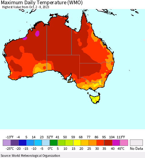Australia Maximum Daily Temperature (WMO) Thematic Map For 10/2/2023 - 10/8/2023